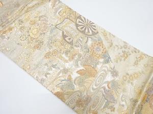 切りばめ風　御所車に草花・鴛鴦模様織り出し袋帯